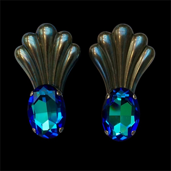 Gunmetal Grey and Blue Rhinestones Earrings