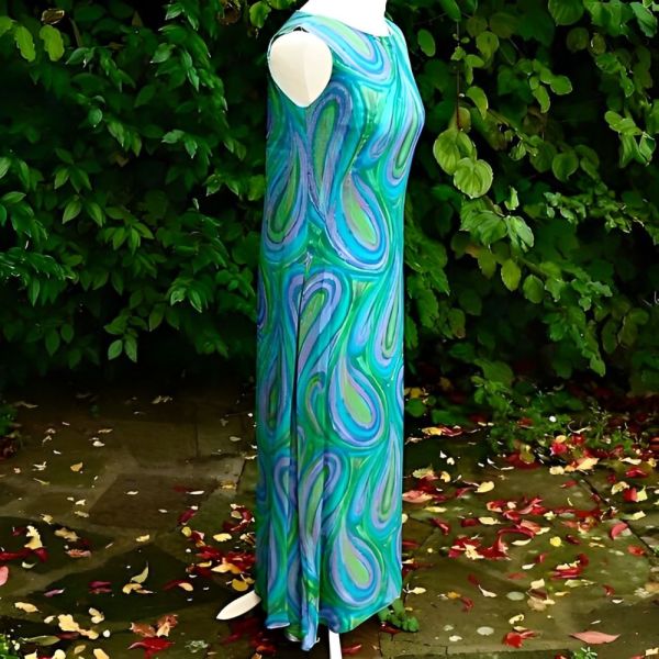 Harrods Blue Green Mauve Silk Chiffon Maxi Dress circa 1960s