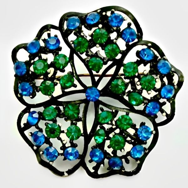 Blue and Green Crystal Brooch and Clip On Earrings 1960s