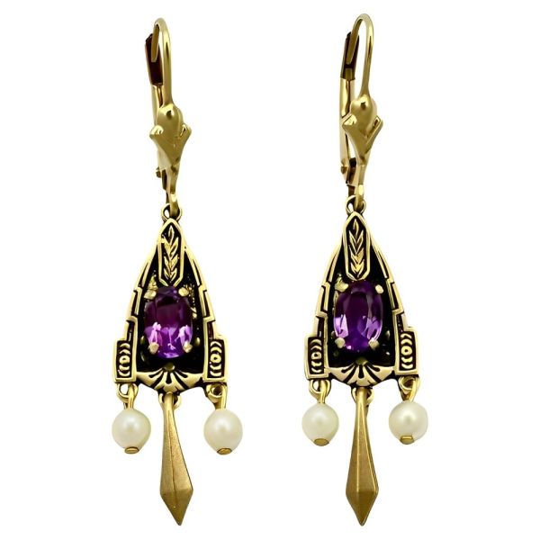 JJT 14K Gold Cultured Pearl and Amethyst Earrings