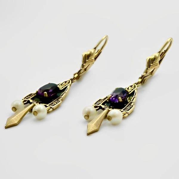 JJT 14K Gold Cultured Pearl and Amethyst Earrings