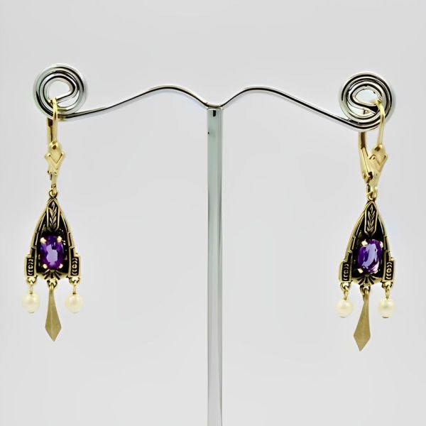 JJT 14K Gold Cultured Pearl and Amethyst Earrings