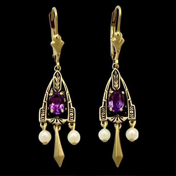 JJT 14K Gold Cultured Pearl and Amethyst Earrings