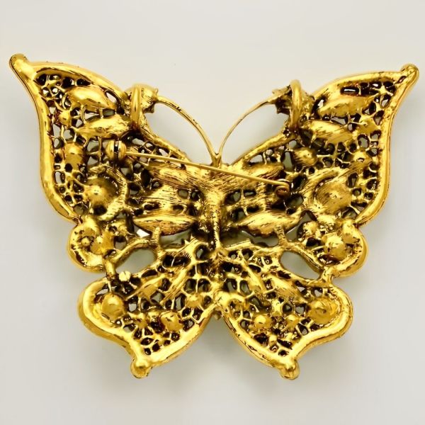 Large Gold Plated Butterfly Brooch with Rhinestones