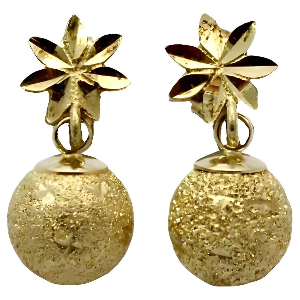 14K Gold Diamond Cut Flower and Ball Earrings