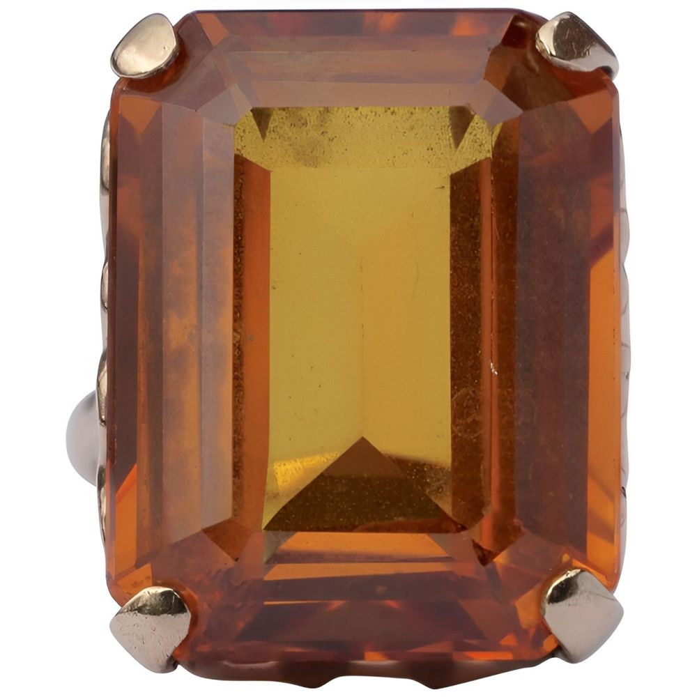 9ct Gold Emerald Cut Burnt Orange Synthetic Sapphire Ring 1960s