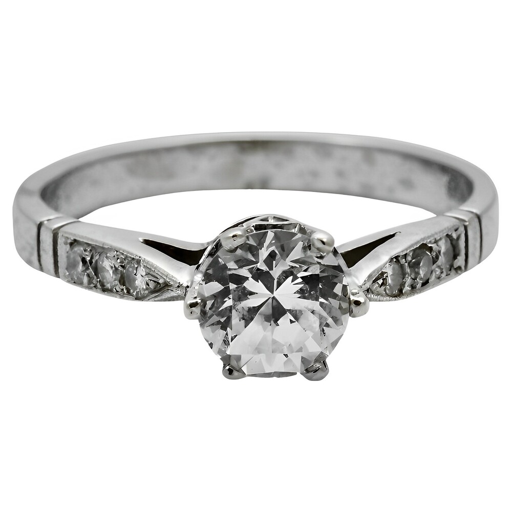 9K White Gold Solitaire Crystal Ring Diamond Shoulders