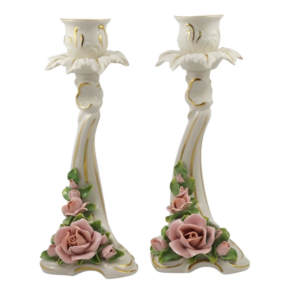 Alka Kunst Pair of Porcelain Rose Candlesticks circa 1950s