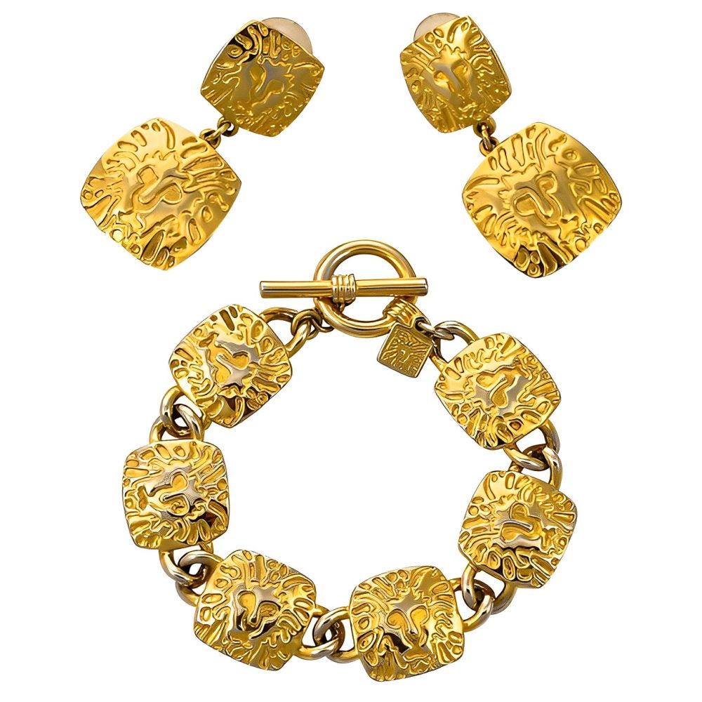 Anne Klein Gold Plated Lion Link Bracelet and Earrings circa 1980s