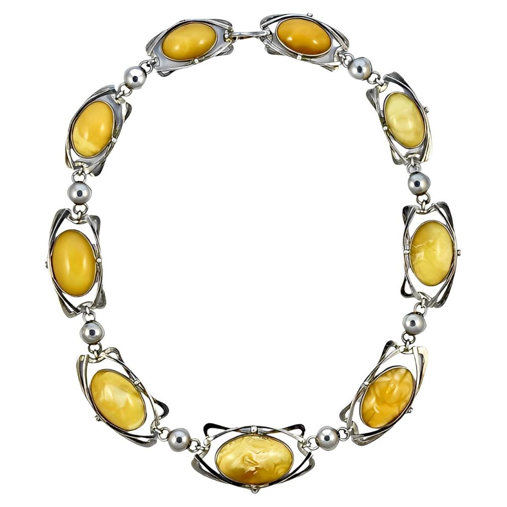 Art Nouveau Style Sterling Silver and Amber Link Necklace