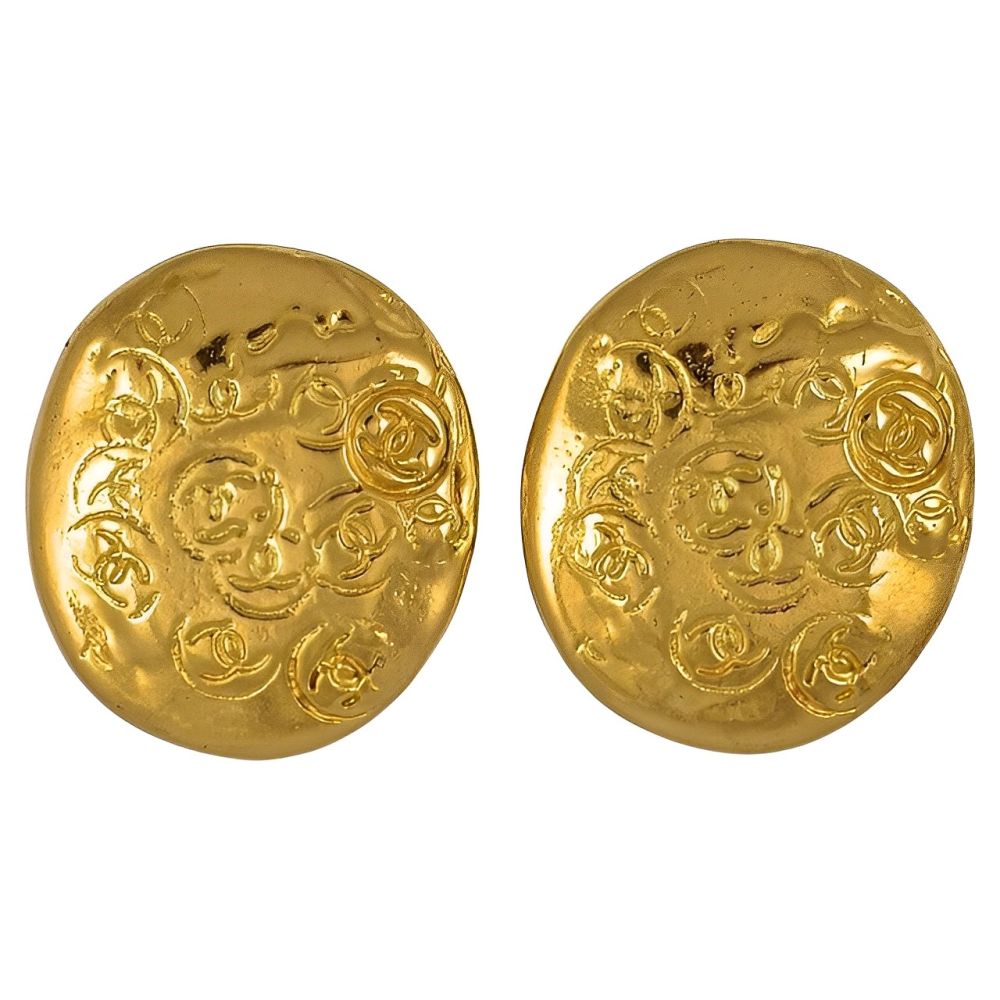 Chanel Gold Plated Logo Clip On Earrings 1990s