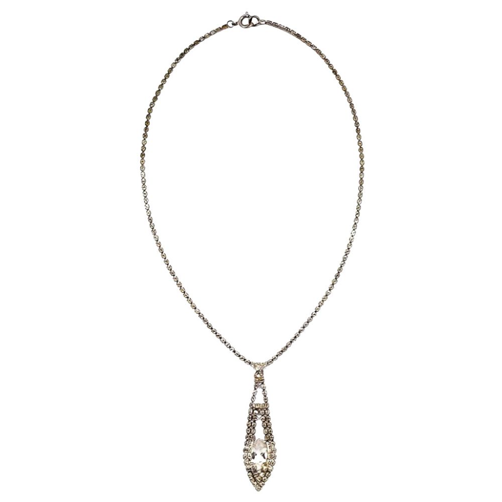 Silver Tone Diamante Drop Pendant Necklace circa 1950s