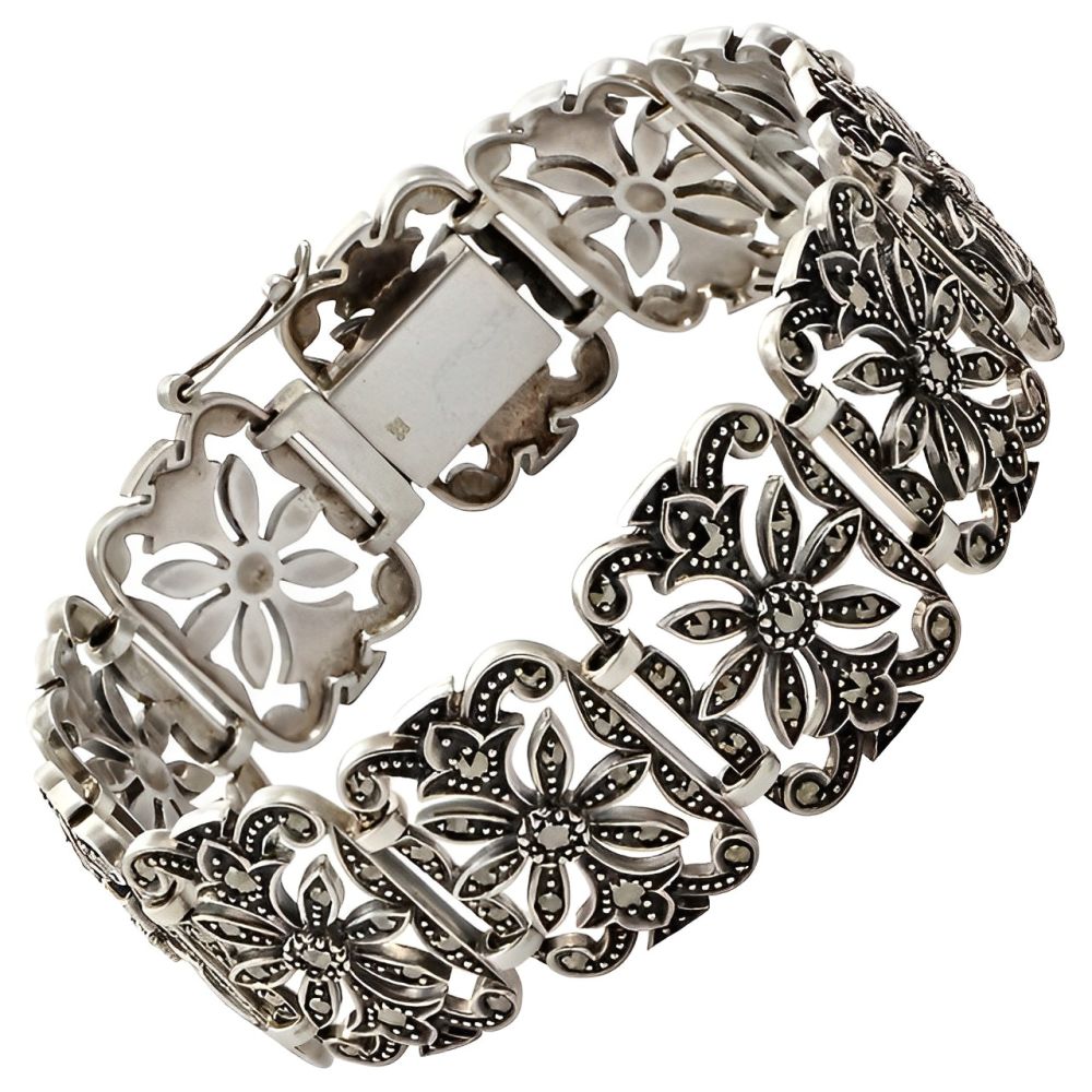 DK English Sterling Silver and Marcasite Panel Link Bracelet