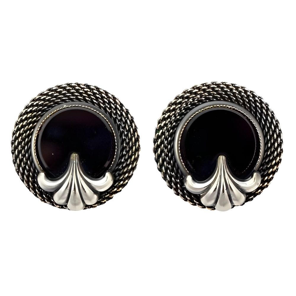 Ermani Bulatti Silver Tone Mesh and Black Glass Clip On Earrings