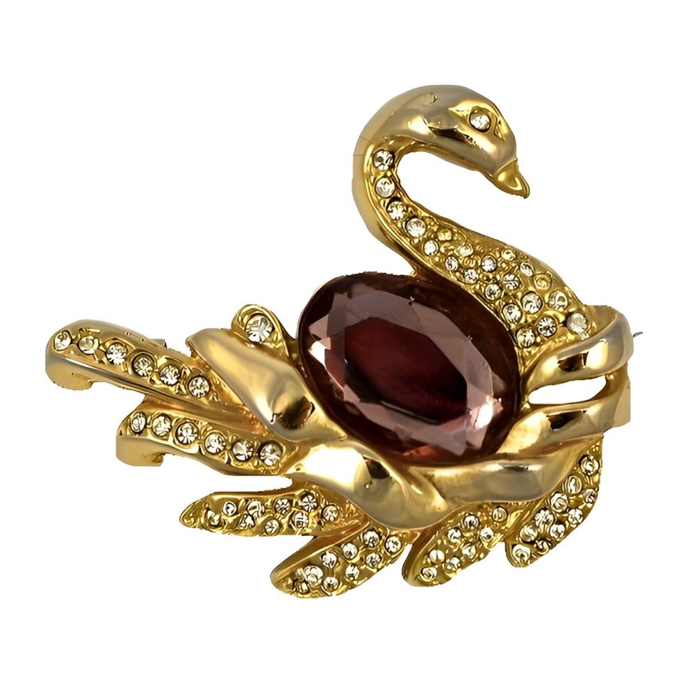 Gold Plated and Diamante Swan Brooch circa 1980s