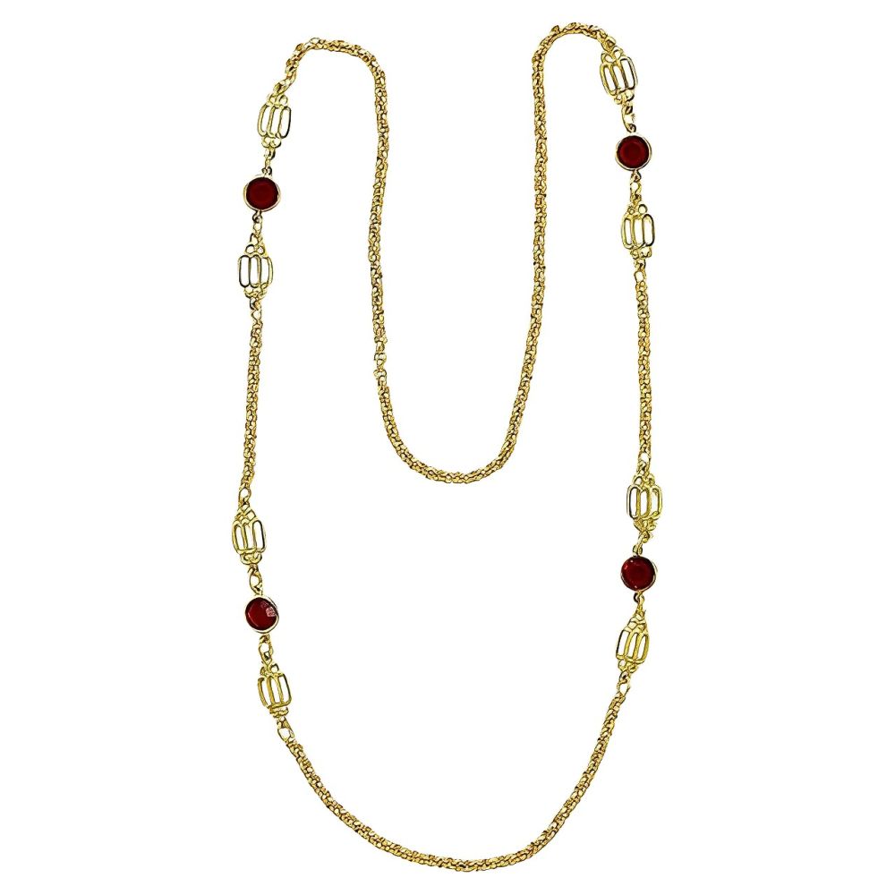 Gold Plated Bezel Set Red Glass Belcher Chain Necklace circa 1980s