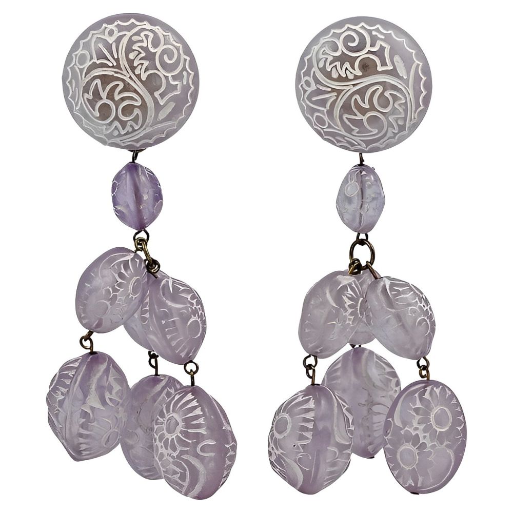 Lilac and White Etched Glass Clip on Drop Earrings circa 1960s