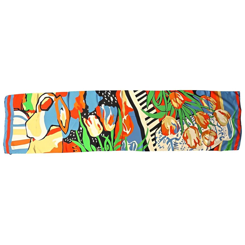 Long Silk Scarf with Abstract Tulip Flower and Vase Print