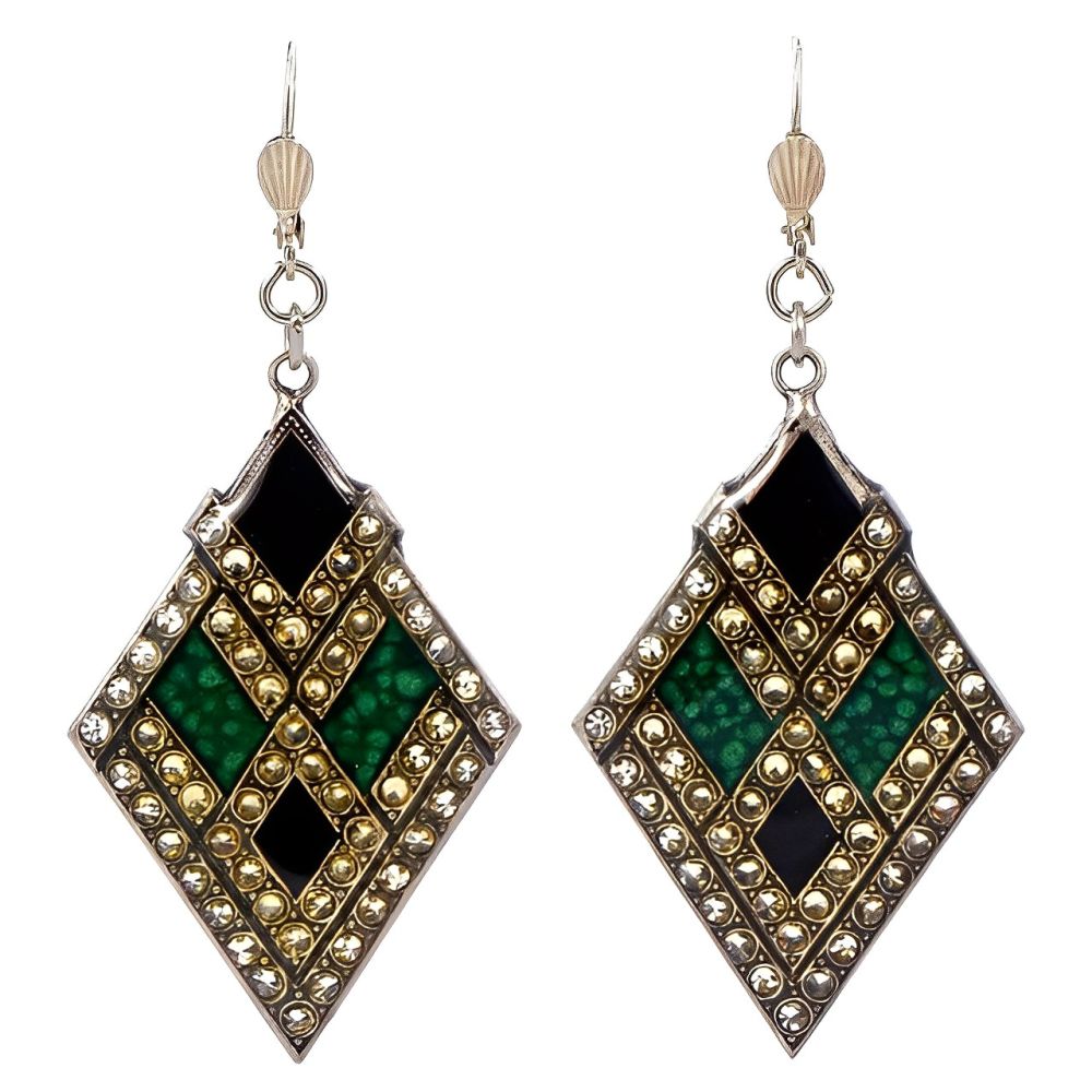Pierre Bex Art Deco Style Green Black Enamel Rhinestone Earrings