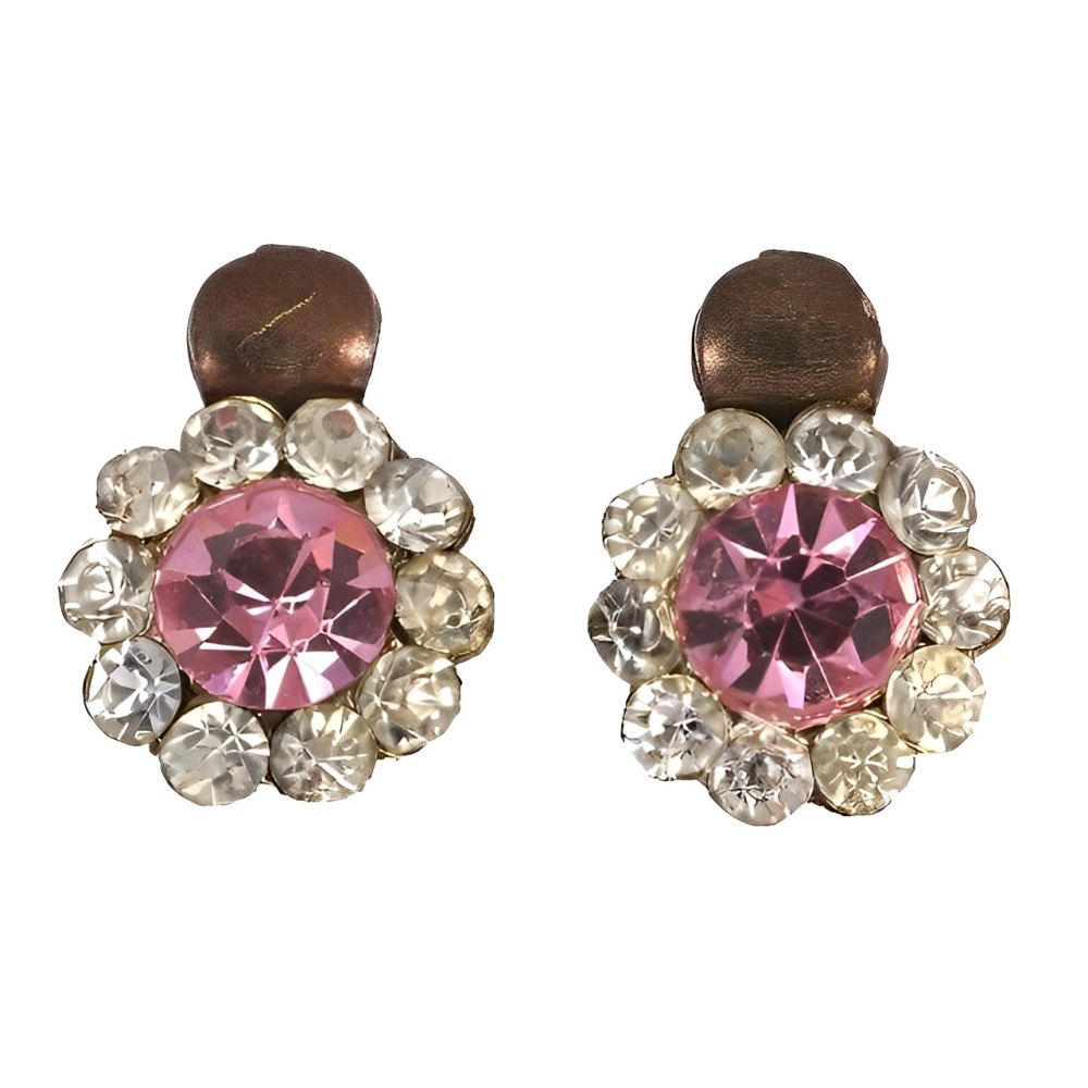 Gold Tone Clear and Pink Diamante Earrings circa 1930s