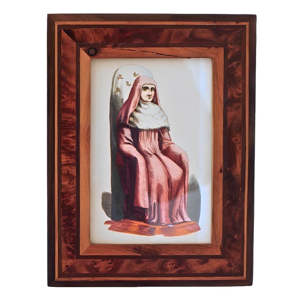 French Vintage Wood Marquetry Glazed Priest Print Picture