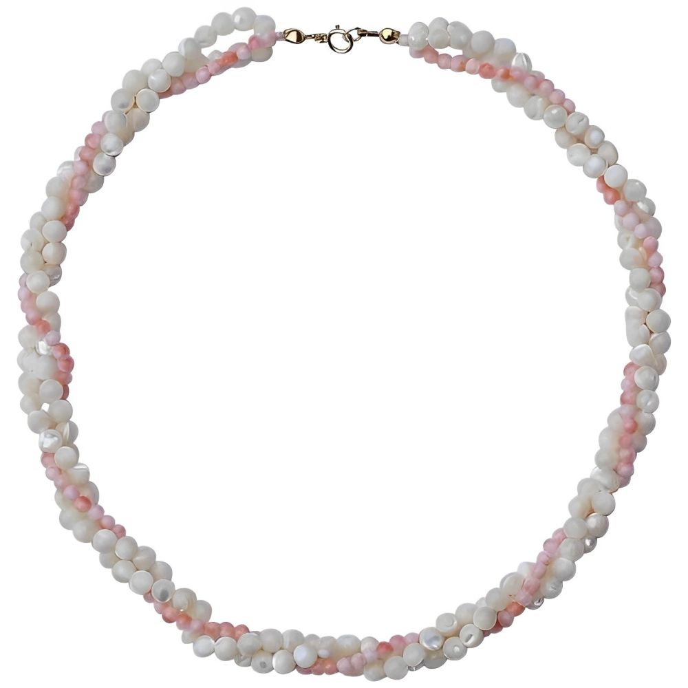 Triple Strand Coral and Mother of Pearl Bead Necklace circa 1970s