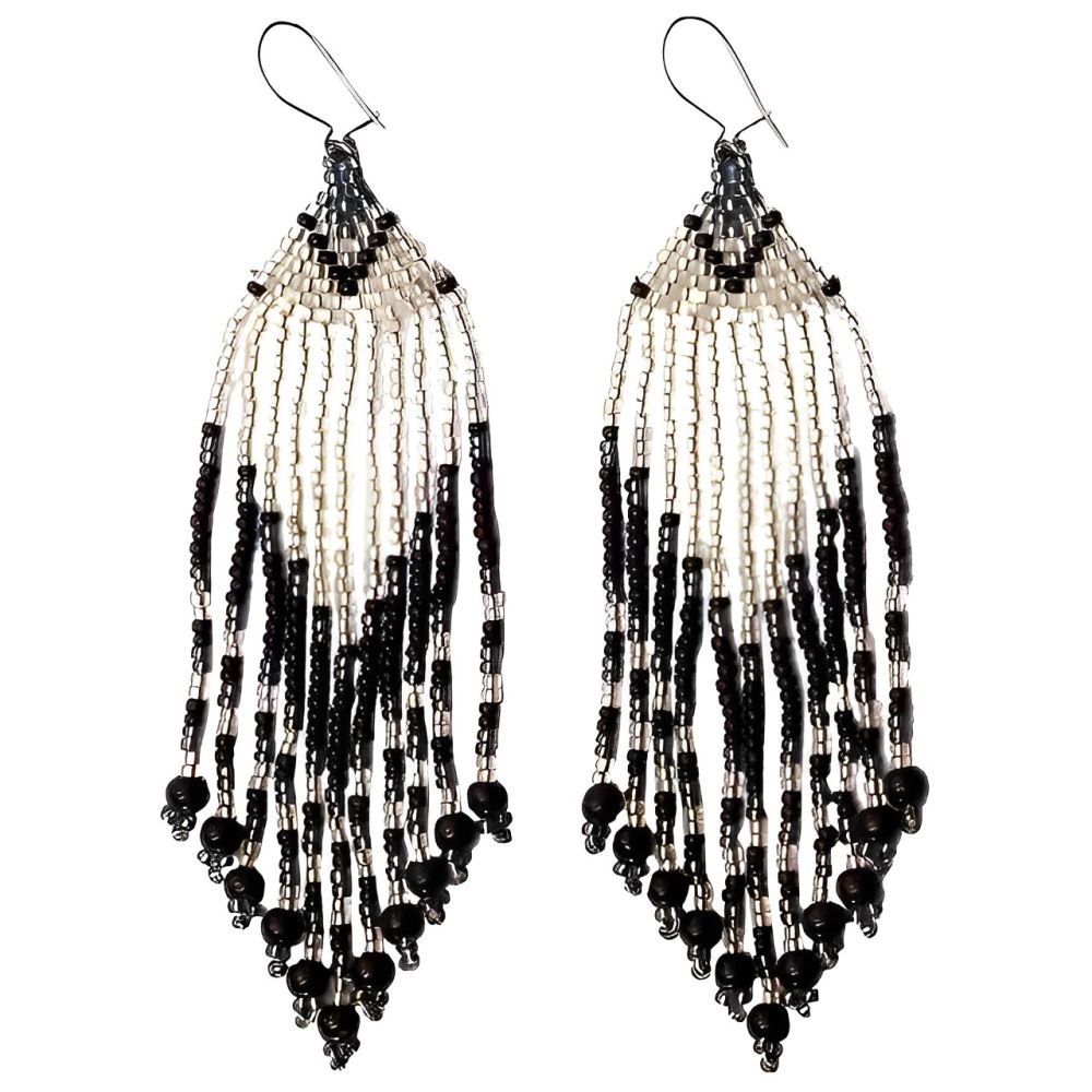 Art Deco style Black and Silvery White Glass Bead Earrings