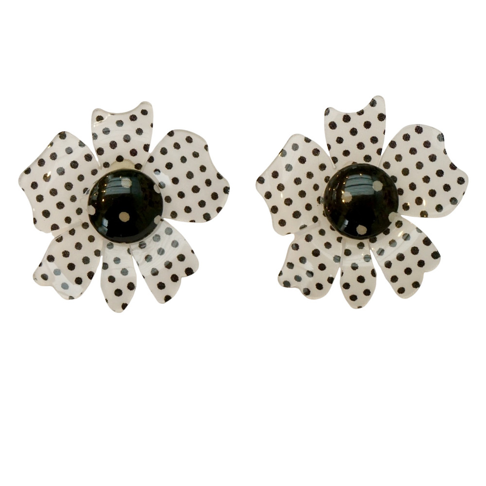 Pale Grey and Plastic Dot Flower Statement Earrings