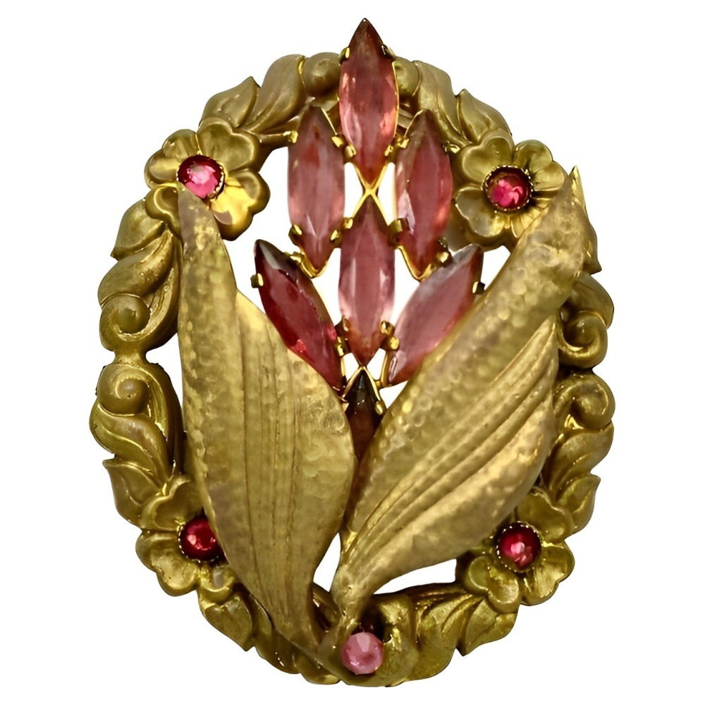 Czech Gilt Metal and Pink Glass Floral Brooch circa 1930s