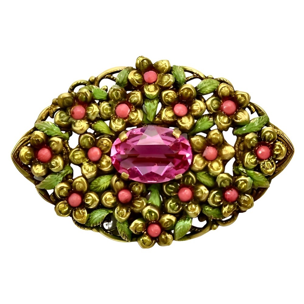 Czech Gilt Metal Pink and Green Floral Brooch circa 1930s