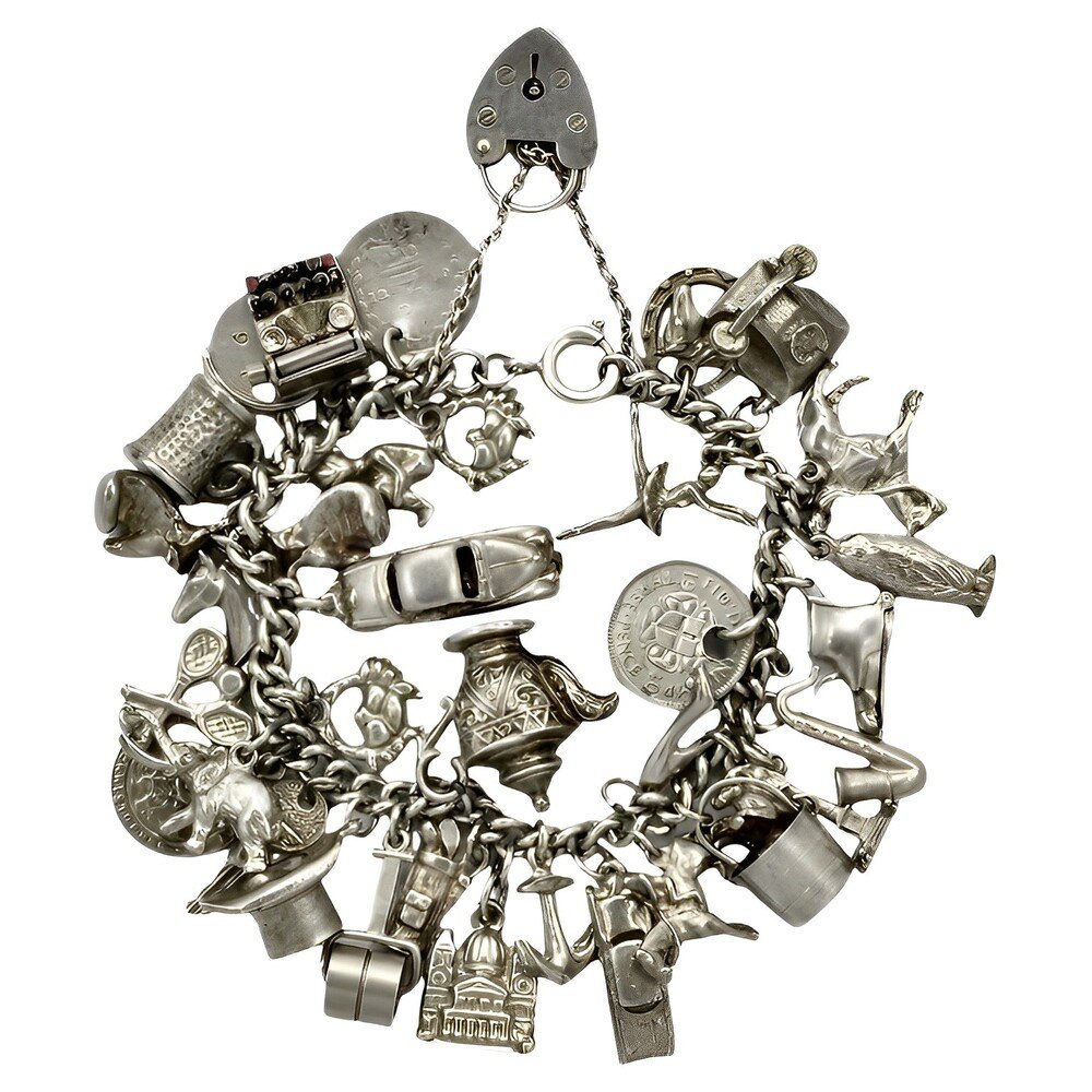 English Sterling Silver Double Link Charm Bracelet