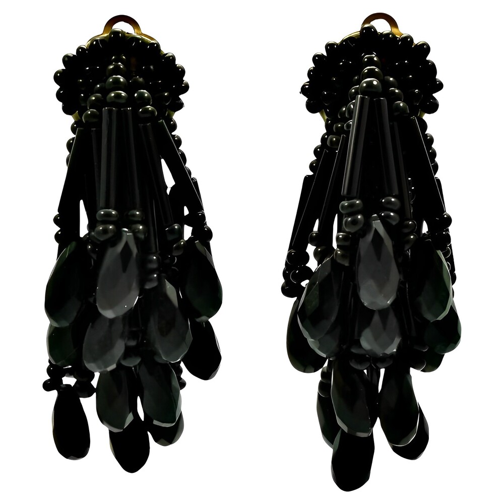 French Jet Beaded Drop Clip On Earrings 1960s