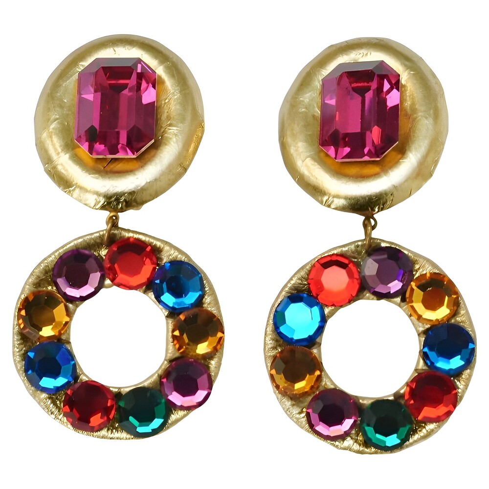 Gold Leather Clip On Earrings with Glass Rhinestones