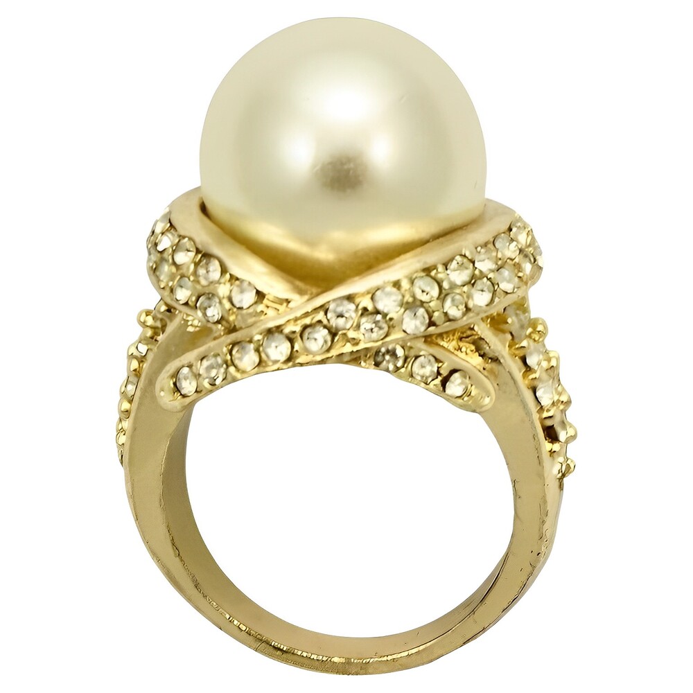 Gold Plated Faux Pearl and Crystals Cocktail Ring