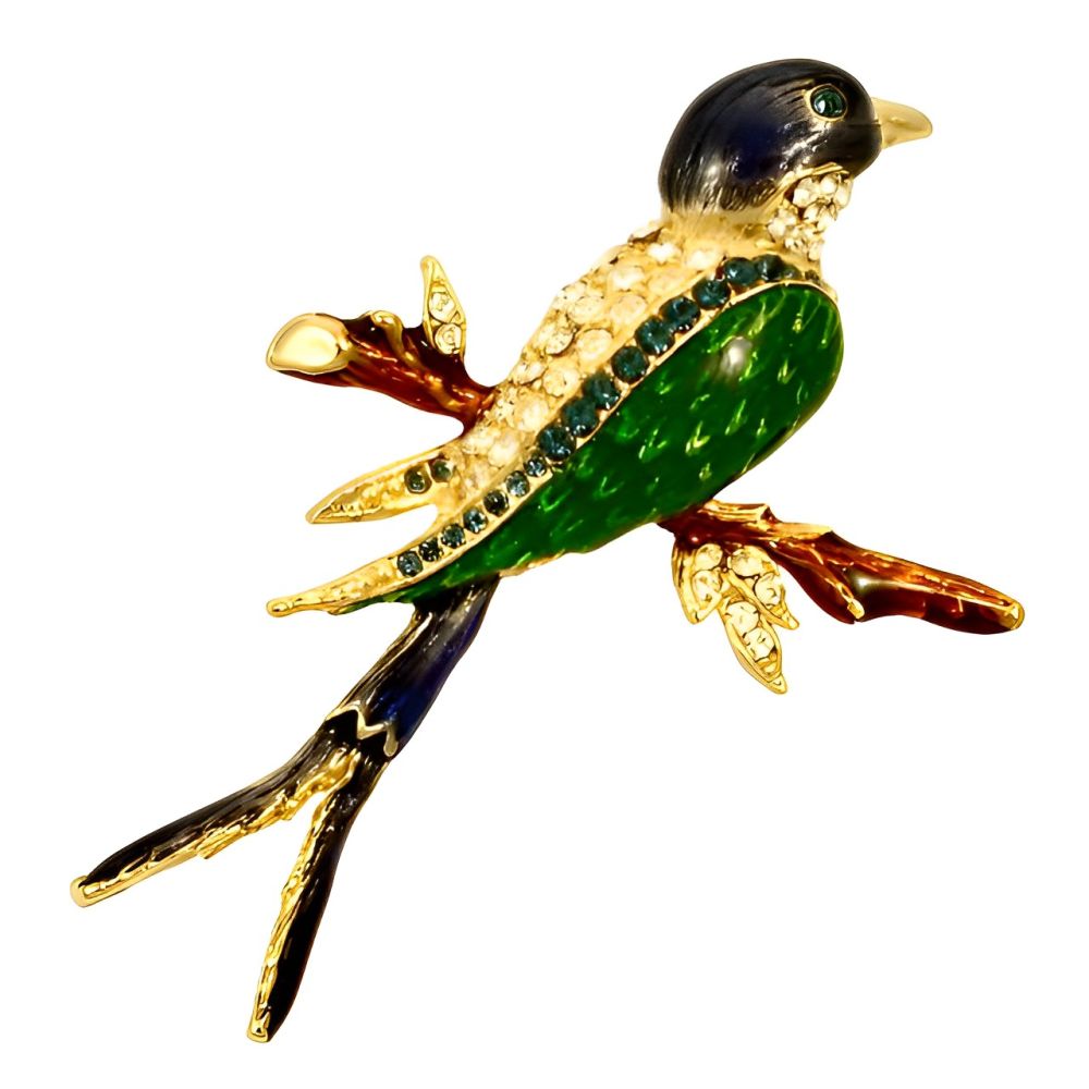 Gold Plated Enamel Bird Brooch with Crystals circa 1980s