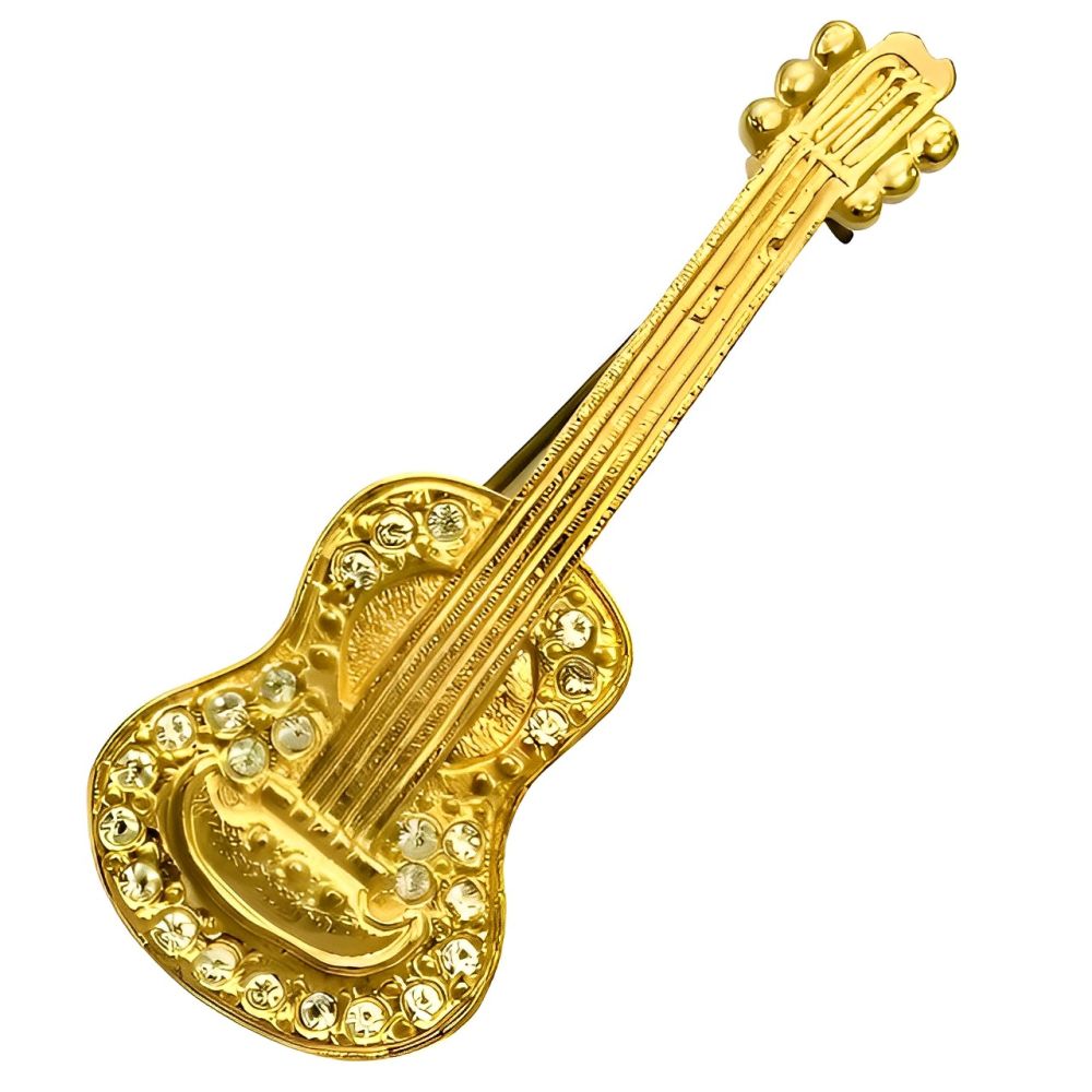 Gold Plated Guitar Brooch with Clear Crystals circa 1980s