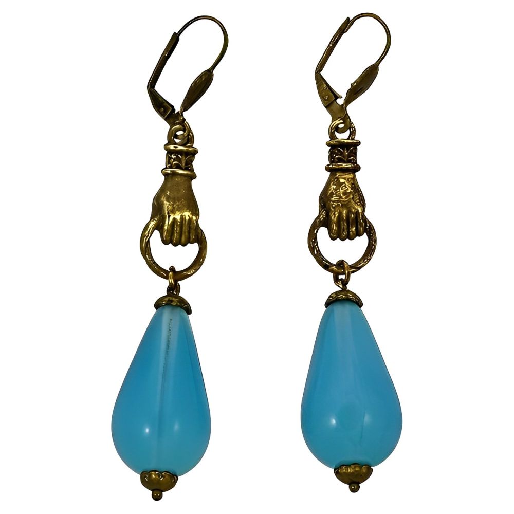 Gold Plated Hands Lever Back Earrings with Blue Opaline Drops