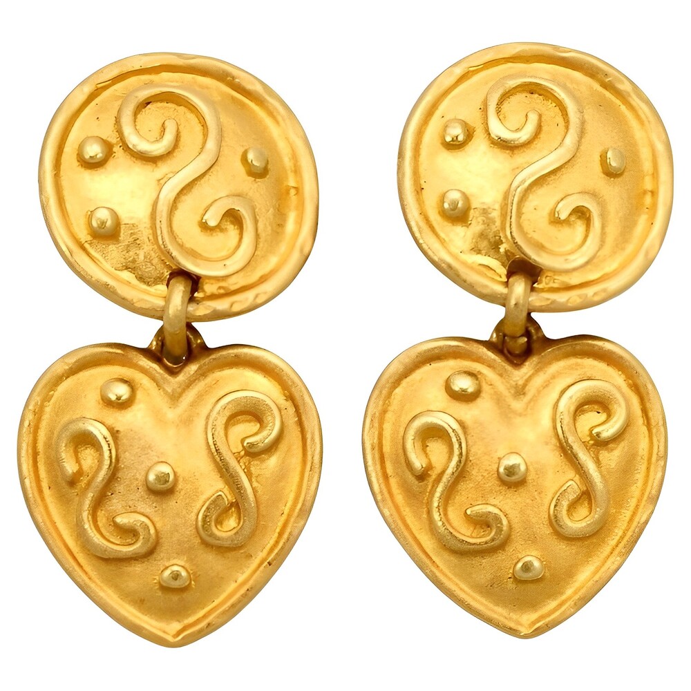 Gold Plated Byzantine Design Heart Earrings circa 1980s