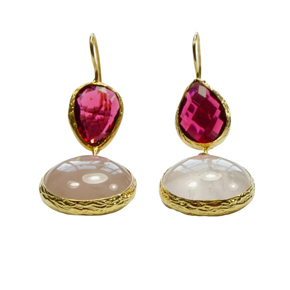 Gold Plated Pink Gemstone and Glass Drop Earrings