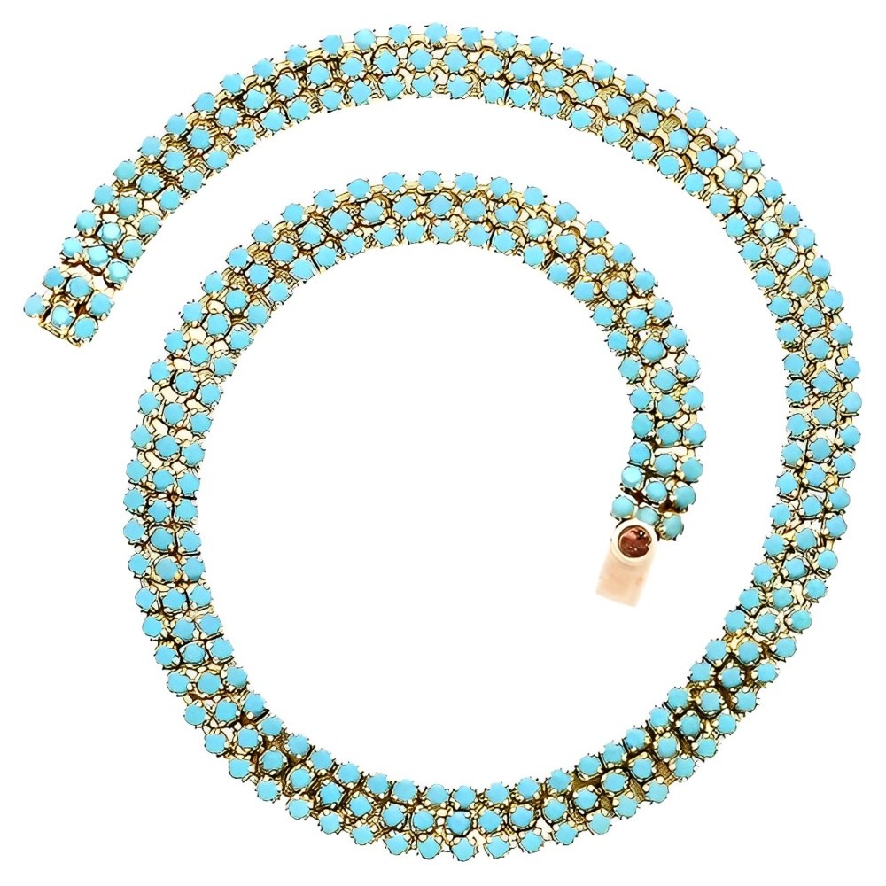 Gold Plated Three Row Faux Turquoise Glass Necklace circa 1970s