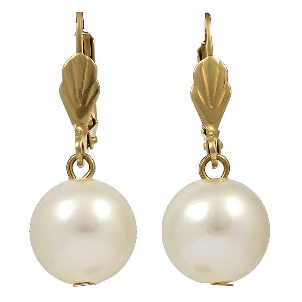 Gold Tone and Cream Faux Pearl Ball Drop Leverback Earrings