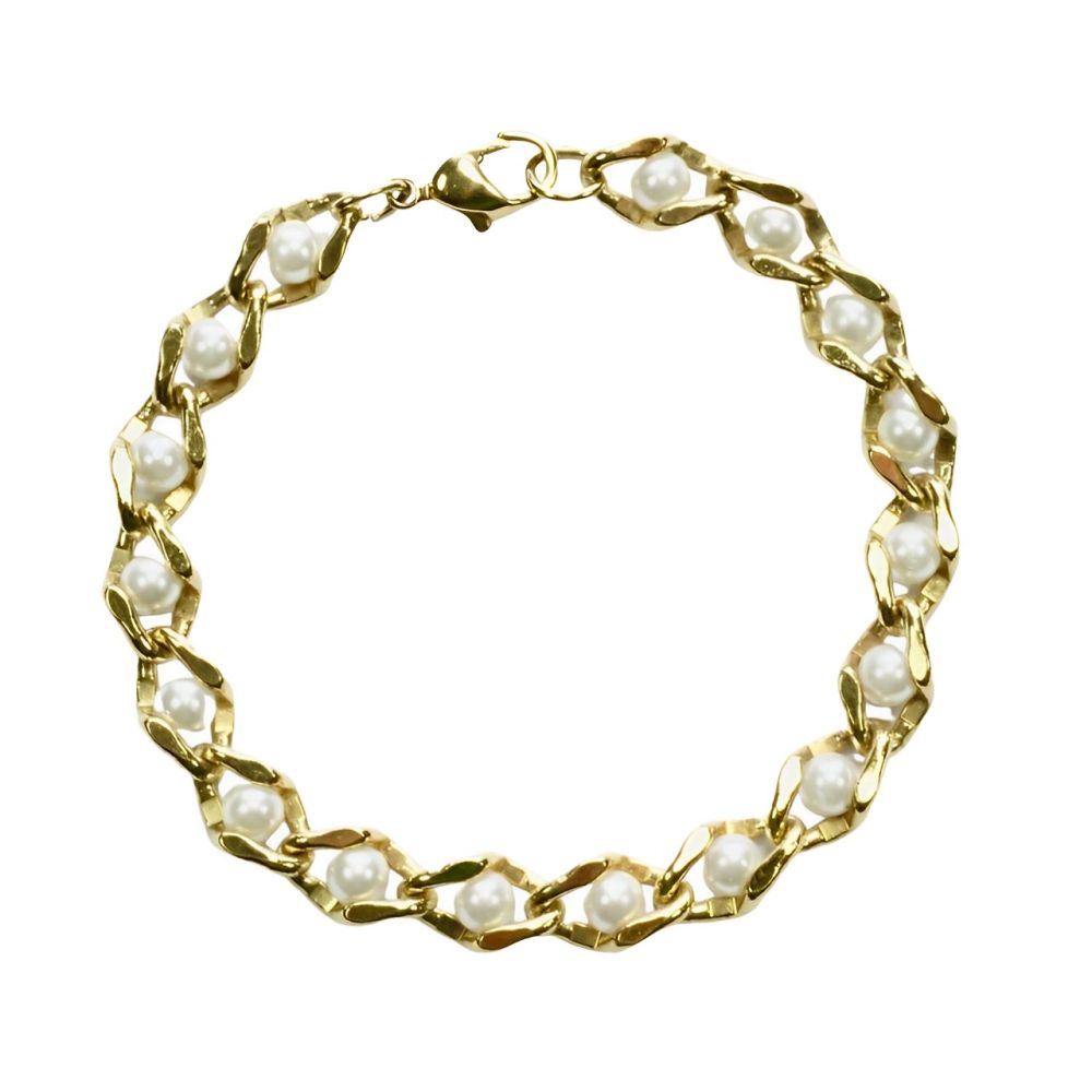 Gold Plated and White Faux Pearl Link Bracelet circa 1970s