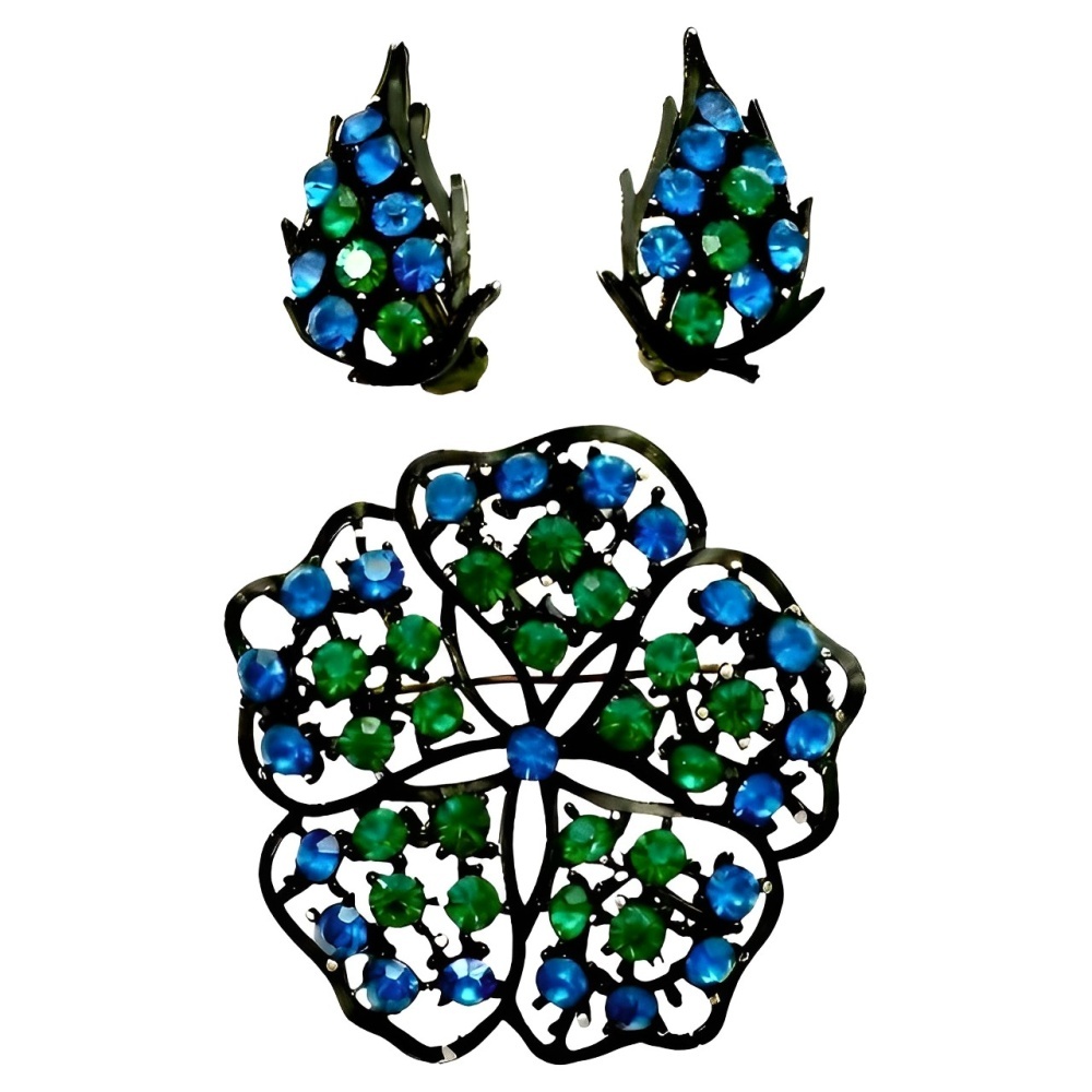 Blue and Green Crystal Brooch and Clip On Earrings 1960s