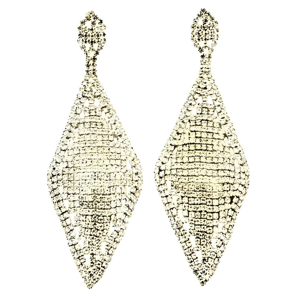 Long Silver Tone Diamond Shape Rhinestone Chandelier Earrings