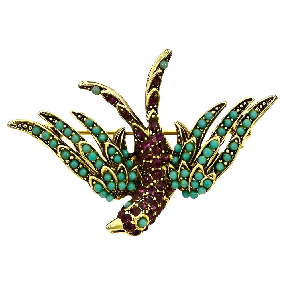 Pauline Rader Amethyst Rhinestone Turquoise Glass Bird Brooch