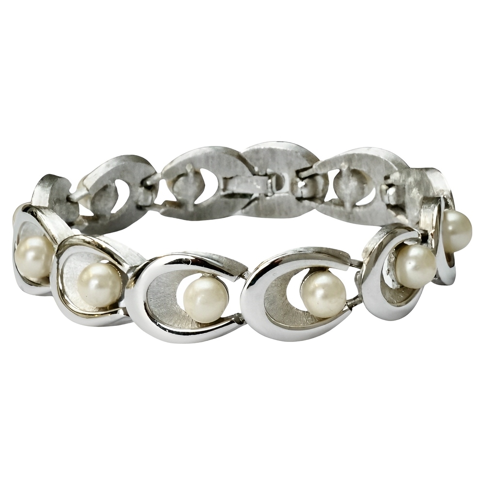 Trifari Brushed and Shiny Bracelet with Faux Pearls