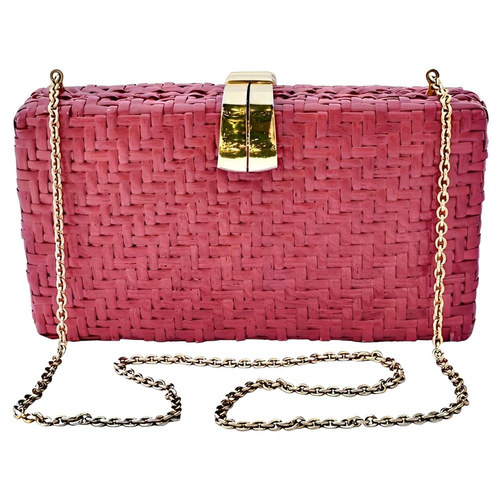 Rodo Italian Glazed Pink Wicker Bag with Gold Plated Fittings