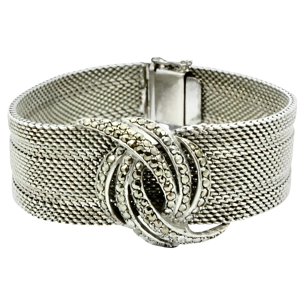 Silver Mesh Bracelet with a Swirl Marcasite Design