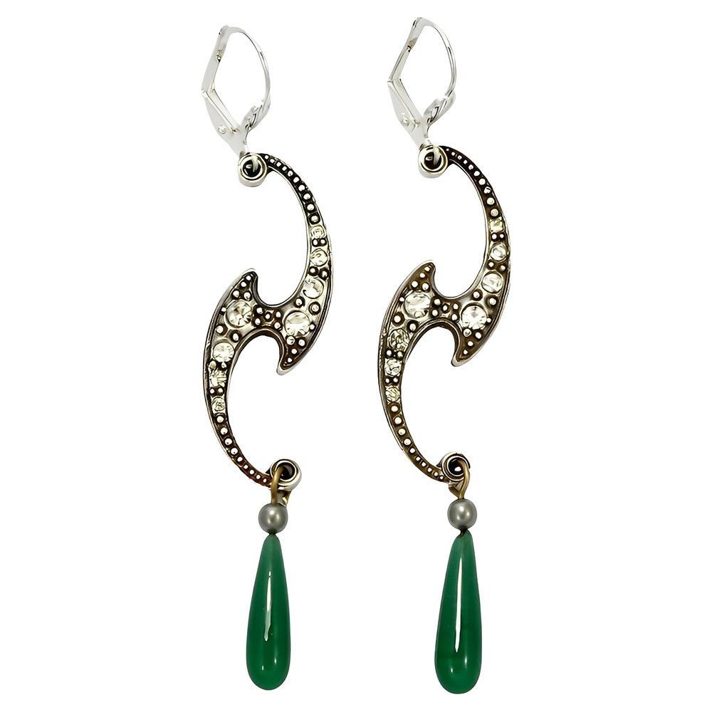 Rhinestone Lever Back Earrings with Green Glass Drops