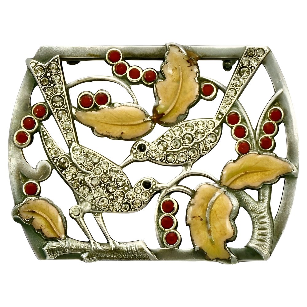 Silver Tone Detailed Bird and Tree Design Brooch